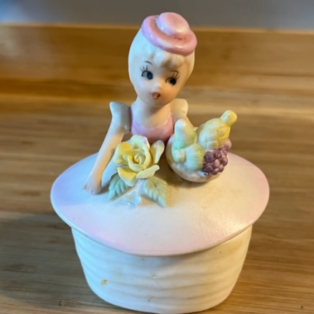 Lefton ceramic trinket jewelry box dish pink girl with flowers fruit Made Japan
